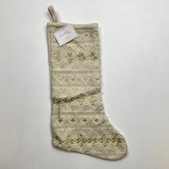Nicole Miller Wool Blend Beige Embroidered Nordic Snowflake Christmas Stocking - Picture 2 of 8